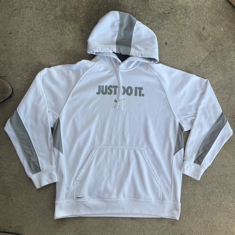 Nike Therma-FIT Hoodie Mens Large White Just Do It Pullover Sweatshirt Grey Trim
